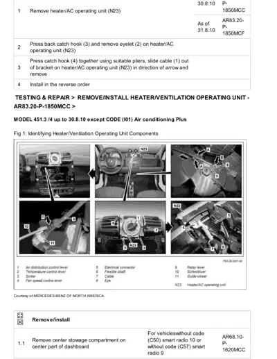 Service procedure steps and labeled photographs showing heater/AC unit components and removal sequence.