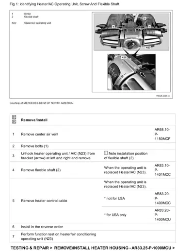 Diagram showing heater/AC unit components N23, flexible shaft, and removal/installation steps with callouts.
