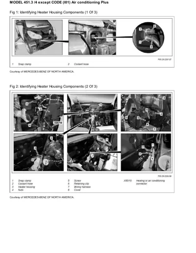 Two technical diagrams showing heater housing parts with numbered callouts on smart 451 chassis.