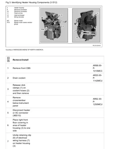 Exploded views of heater housing assembly with numbered callouts and step-by-step removal instructions.