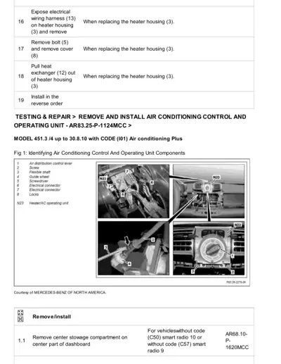 Technical diagram showing heater/AC unit components N23 with numbered callouts and four detail photos of installation locations.