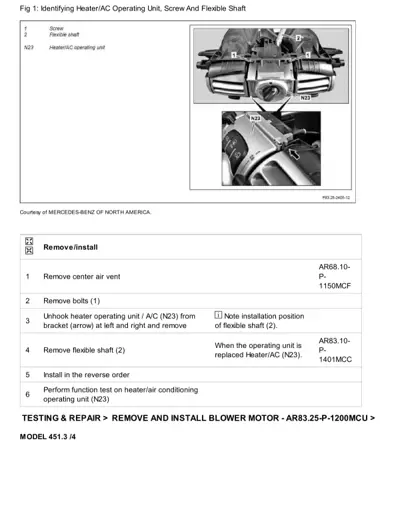 Diagram showing heater AC unit N23 with numbered callouts and step-by-step removal instructions.