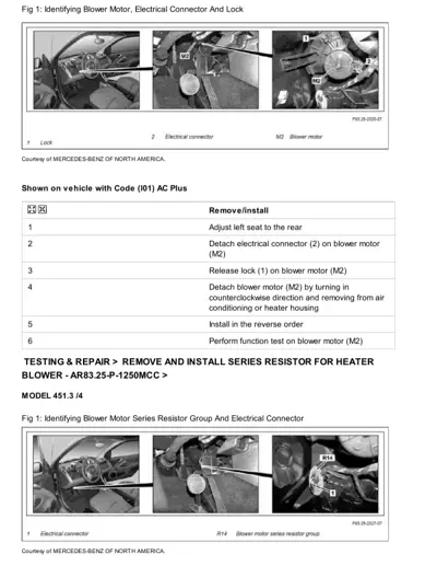Technical diagram showing blower motor location, electrical connector, and lock with six-step removal procedure.