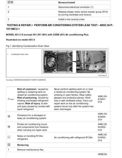 Service manual page showing blower resistor removal steps and AC condensation drain hose identification photos.