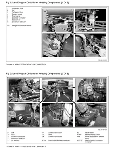 Two multi-panel technical diagrams showing AC housing parts with numbered callouts and component labels.