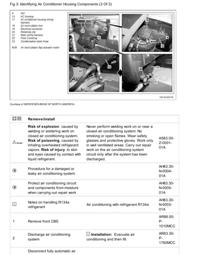Four black and white photos identifying AC housing parts with numbered callouts 9-23 and component M39.
