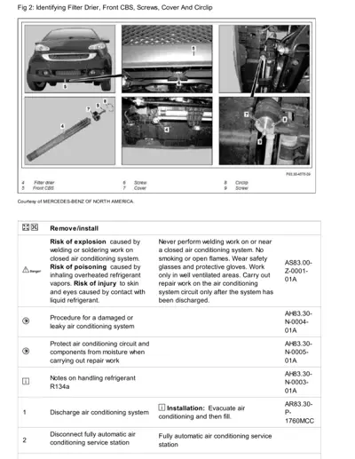 Exploded diagram showing filter drier assembly, CBS unit, fasteners, and AC system components with numbered callouts.
