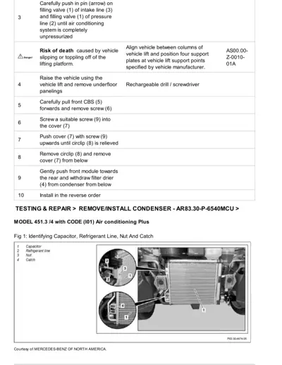 Service procedure table and condenser component identification diagram with numbered callouts.