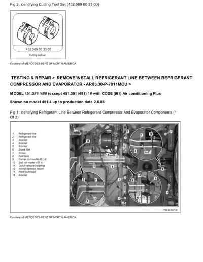 Labeled diagram showing refrigerant compressor-evaporator lines and specialized cutting tool set with part number.