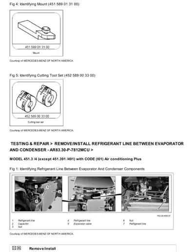 Three photographs showing refrigerant lines, capacitor, nuts, expansion valve locations on smart 451 AC system.