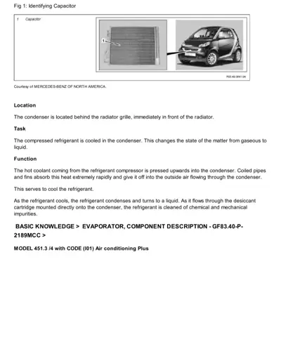 Diagram showing condenser component and its location on smart fortwo front end.