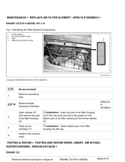 Engine compartment showing air filter element location with numbered callouts and removal instructions.