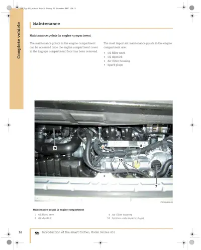 Labeled engine bay photo showing four numbered maintenance access points in smart fortwo 451 engine compartment.