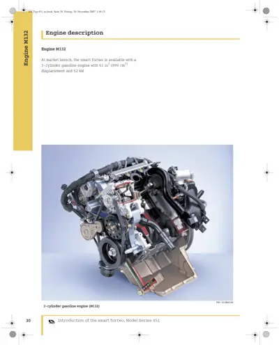 Cutaway view of M132 three-cylinder gasoline engine showing internal components and layout.