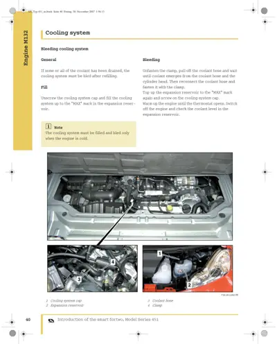 Engine bay diagram and close-up photos of cooling system components including reservoir and hose clamp.