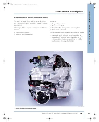 Cutaway technical illustration of AMT 2 transmission assembly with gears and control mechanisms visible.