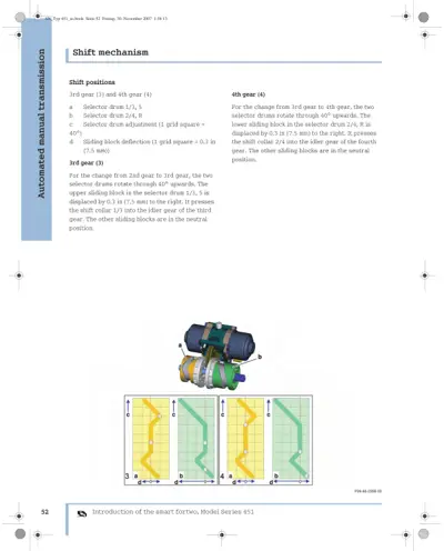Technical diagram of shift mechanism with selector drums, sliding blocks, and shift position grid squares labeled a-d.