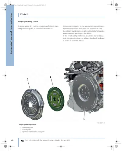 Exploded view of clutch pressure plate, clutch plate, and flywheel with numbered callouts.