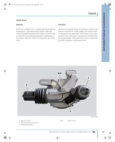 Exploded view of clutch motor assembly showing electric motor, clutch motor M18, actuating plunger, and electric motor connector.