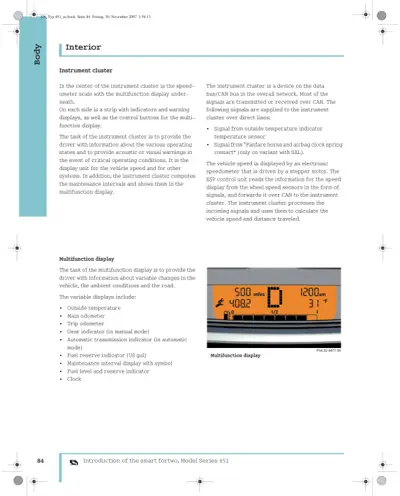 Interior instrument cluster description and multifunction display with orange screen showing speed, odometer, and temperature readings.