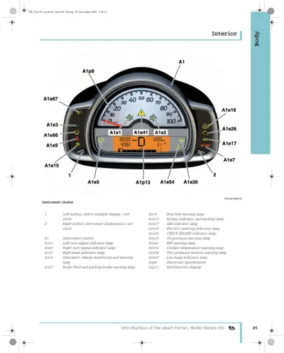Labeled instrument cluster showing gauges, indicator lamps, and display functions with 26 callout references.