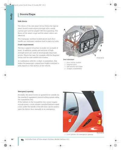 Door structure diagram showing carrier module, diagonal strut, window frame, and crossmember; emergency lock cylinder on driver door.