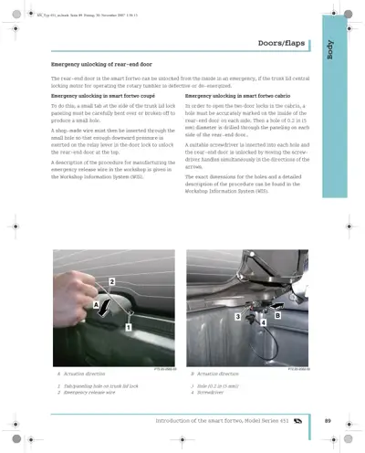 Two photos showing emergency door unlock procedures: coupe method uses wire through tab hole; cabrio uses screwdriver through drilled holes.