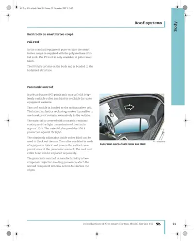 Service manual page describing roof systems for smart fortwo 451 with photo of panoramic sunroof interior.