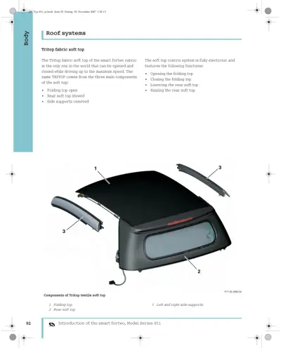 Exploded diagram of Tritop convertible roof system with three labeled parts on black fabric top.