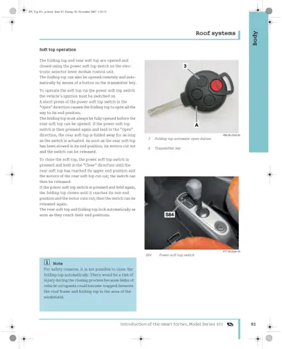 Smart key with red button and interior power soft top switch labeled S84.