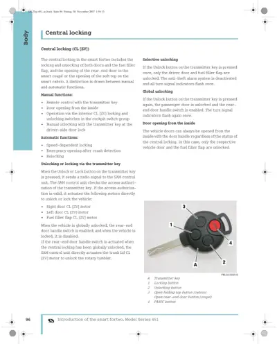 Central locking overview and transmitter key with four labeled buttons for door and fuel flap control.