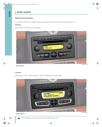 Two dashboard radio units shown with buttons, displays, and controls for Smart fortwo 451 model.