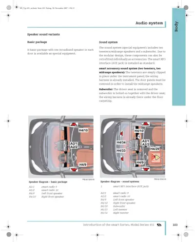 Two overhead car diagrams showing speaker positions labeled A2/1, A2/2, H4/9, H4/10, H4/29, H4/33, H4/34 for basic and enhanced audio systems.