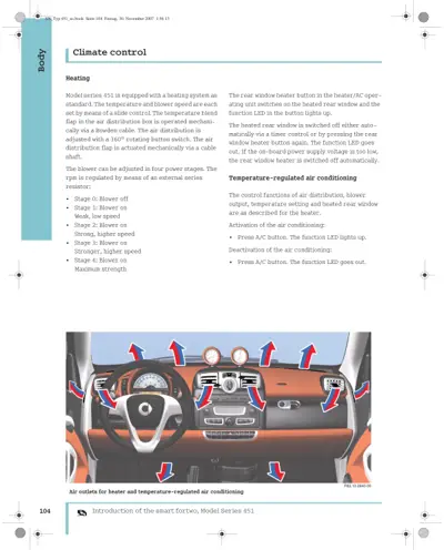Dashboard diagram showing air outlet locations with arrows indicating airflow distribution points.