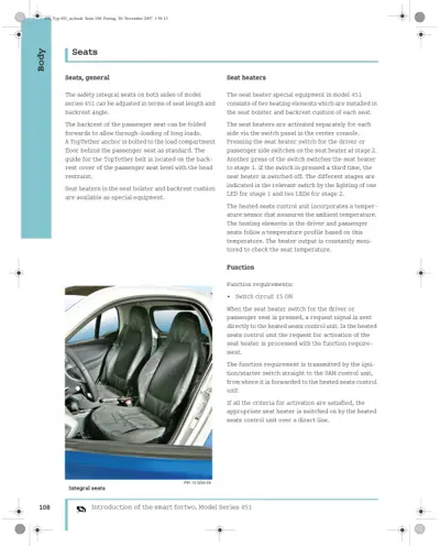 Interior photo of fortwo 451 showing front seats with heating elements installed in bolster and backrest.