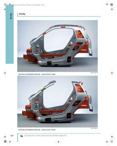 Two exploded body diagrams showing metal frame and composite panels for fortwo coupe and cabrio models.