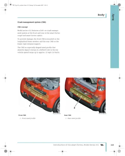Technical diagram showing front and rear crash management steel profiles on red smart fortwo vehicle.