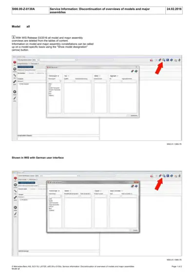 Two screenshots of WIS diagnostic software with German interface showing model designation dropdown menus and assembly overview tables.