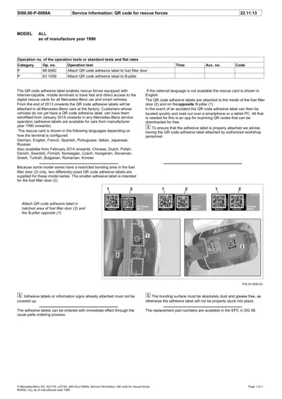 Service manual page showing QR code label placement on fuel door and B-pillar with installation photos.