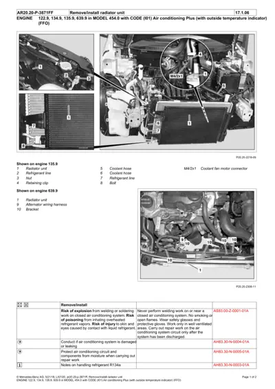 Engine bay diagram showing radiator location, coolant hoses, and refrigerant line connections on Smart 454 model.