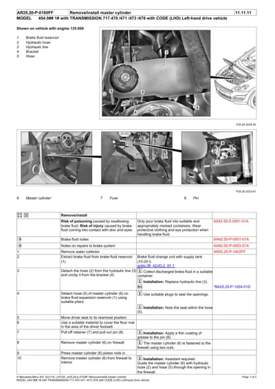 Service manual page showing master cylinder location, brake fluid reservoir, and step-by-step removal instructions with numbered callouts.