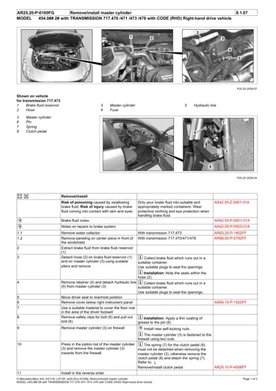 Service manual page showing brake master cylinder removal steps with engine bay photos and interior clips.