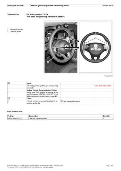 Steering wheel with gearshift paddles highlighted, showing paddle location and installation procedure.
