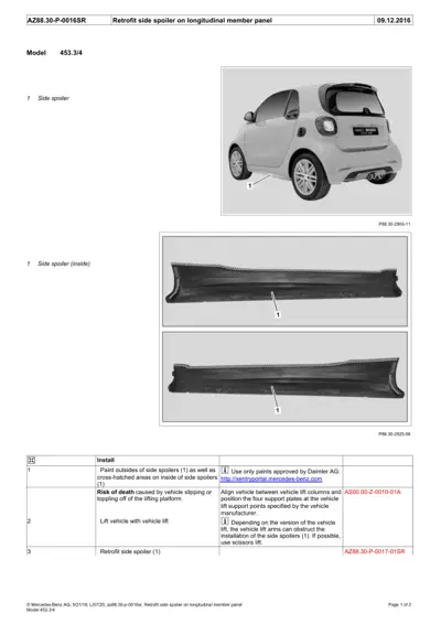 Installation guide showing side spoiler placement on 453 chassis and interior component details.