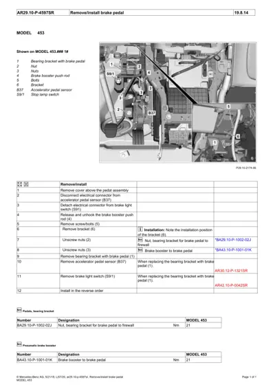 Exploded view diagram of brake pedal assembly with labeled parts and step-by-step removal instructions for Smart 453.