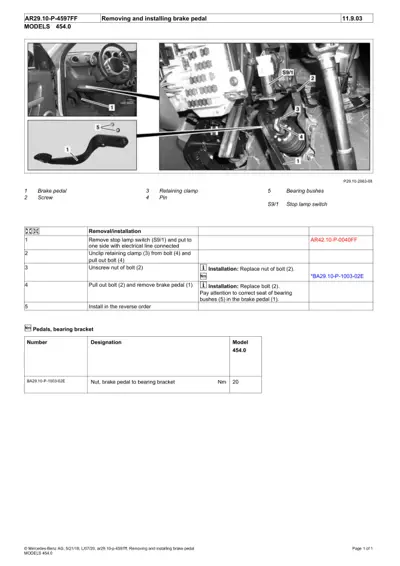 Brake pedal assembly diagram with numbered callouts showing removal steps and bearing bracket torque specification.