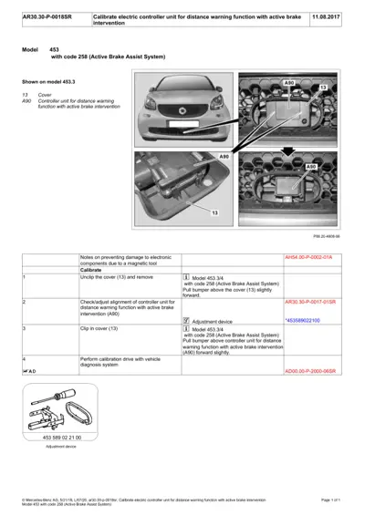Smart Fortwo 453 front view and engine bay showing controller unit A90 location with callout 13, plus adjustment device and four-step calibration procedure.