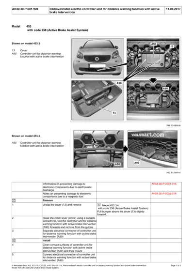 Service procedure showing controller unit A90 locations and removal steps for Smart 453 fortwo.