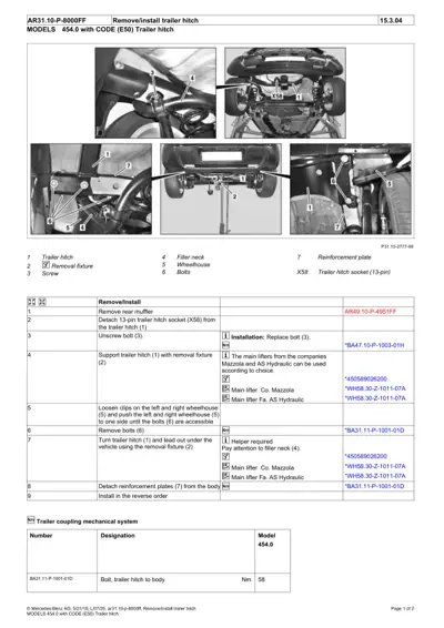 Numbered callout diagram showing trailer hitch components and step-by-step removal procedure for Smart 454 model.