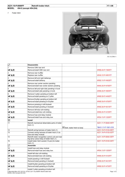 Service manual page showing trailer hitch retrofit steps with numbered callouts and part references.